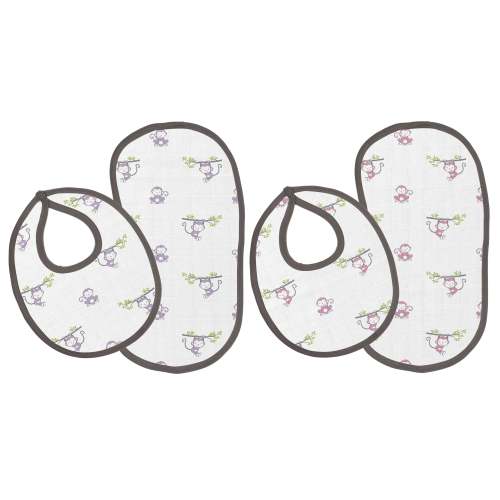 Bacati - Girls Muslin 4 pack Bibs/Burp Cloths Happy Monkeys Pink Lilac Gray