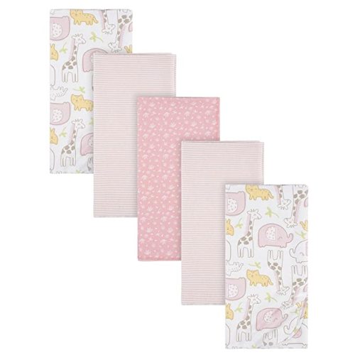 Gerber Girls Newborn Infant Baby Toddler Nursery 100% Cotton Flannel Receiving Swaddle Blanket, Pink Safari, Pack of 5