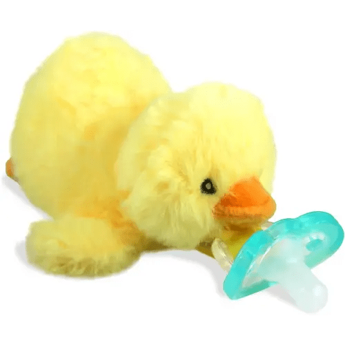 RaZbaby Duck RaZbuddy Stuffed Animal Pacifier Holder for Newborns & Up, Made in The USA, Detachable Orthodontic JollyPop Pacifier, Medical-Grade 100% BPA-Free Silicone, Baby Shower -0 Months+