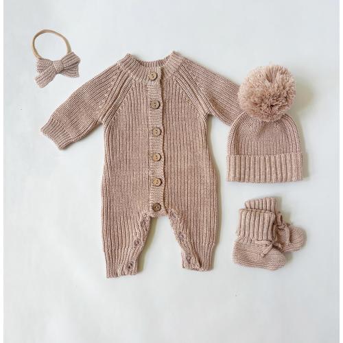 Baby Girl Knit Jumpsuit Buttoned Outfit | Combo Options| Beanie booties Jumper| Heathered FOG MEKO