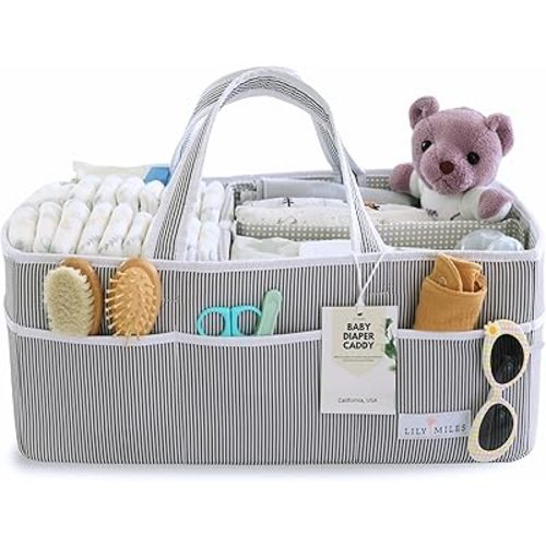 Lily Miles Baby Diaper Caddy - Organizer Tote Bag for Infant Boy or Girl - Baby Shower Basket - Nursery Must Haves - Registry Favorites - Newborn Caddie Car - Gray/Gray, Extra Large