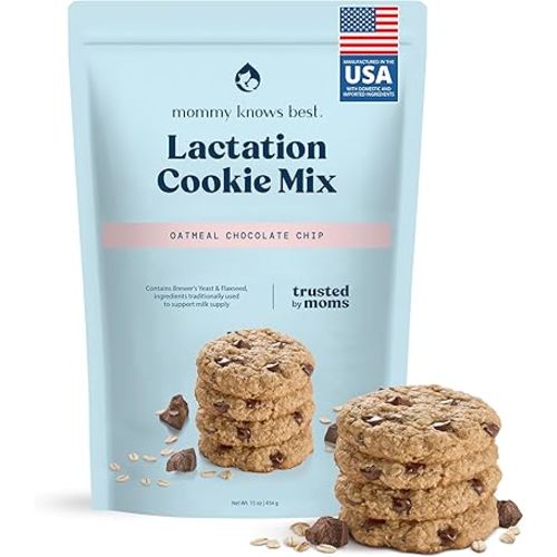 Mommy Knows Best Lactation Cookies Mix - Oatmeal Breastfeeding Cookie Supplement Support for Breast Milk Supply Increase with Flax Seed and Brewers Yeast (Chocolate Chip) 15oz