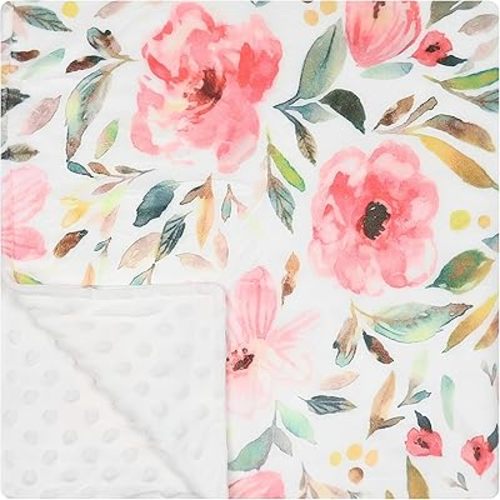 Baby Plush Minky Blanket Double Layer with Dotted Backing for Baby Girl or Baby Boy (Red Pink Floral)
