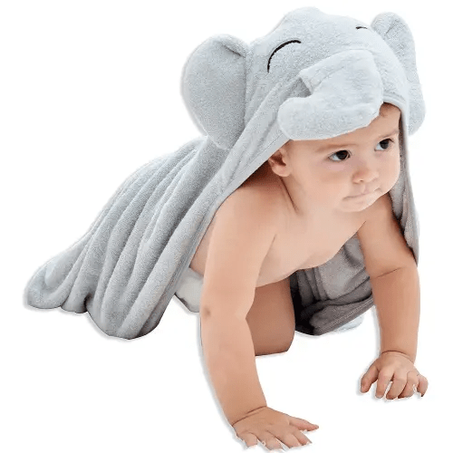 HIPHOP PANDA Hooded Towel - Rayon Made from Bamboo, Bath Towel with Bear Ears for Newborn, Babie, Toddler, Infant - Absorbent Large Baby Towel - Grey Elephant, 30 x 30 Inch
