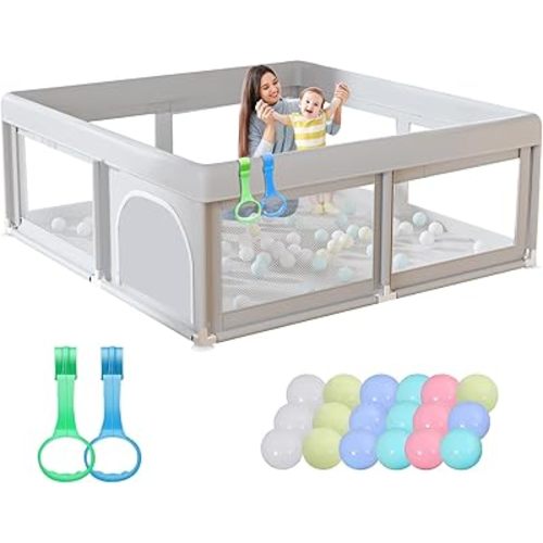 Hiaksedt 50 x 50 inch Baby Playpen with Ocean Balls and Pull Rings, Playpen for Babies and Toddlers, Baby Fence Playards, Safe Structure and Soft, Skin-Friendly Fabric with Zipper Gates.