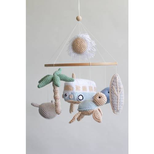 Surf baby mobile, beach baby mobile, surf nursery decor, boho mobile with surf vw bus, palm trees, surfboards, turtle, sun, narwhal