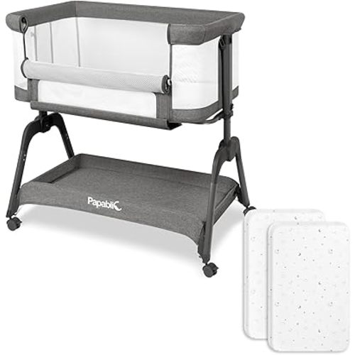 Papablic Baby Bassinet, Bedside Bassinet with 100% Cotton Sheets and Soft Mattress, Adjustable Bedside Sleeper with Storage Basket and Wheels, Grey