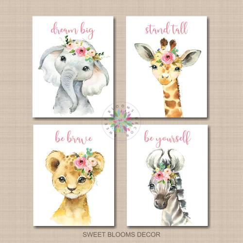 Safari Animals Girl Nursery Wall Art Watercolor Blush Pink Flowers Nursery Quotes Decor Cloud Island dream big stand tall be brave C923