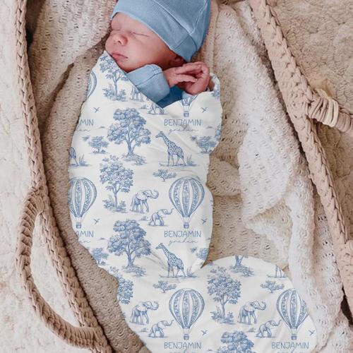 Personalized Safari Animal Toile Baby Swaddle Blanket: Newborn Coming Home Set Boy or Girl