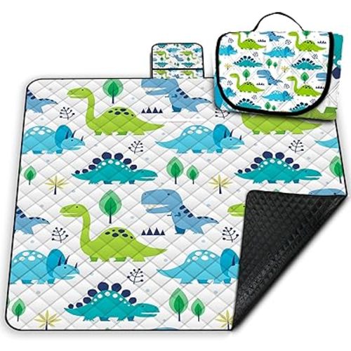 Extra Large Picnic Blanket Waterproof,80"x 80"Foldable Machine Washable Beach Blanket,Outdoor Blanket for 6-8 Adults,Suitable for Indoor Crawling,Park Beach,Camping,Hiking,Family Travel(Dinosaur)