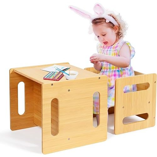 Kids Table and Chair Set, Montessori Weaning Table and Chair,Natural Bamboo Small Desk Chair,Toddler Activity Table and Chair Set for 1-3 Year Old Kids Dinner,Reading,Playing Toys, CPC Certified