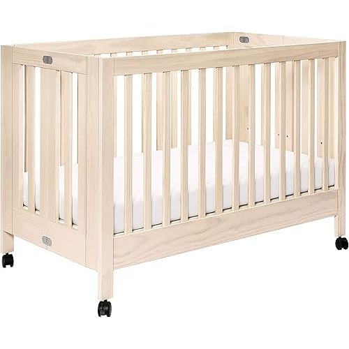babyletto Maki Full-Size 2-in-1 Portable Folding Crib with Toddler Bed Conversion Kit in Washed Natural, Greenguard Gold Certified