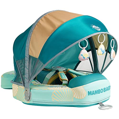 Mambobaby Float Add Tail Baby Swim Float with Canopy Solid Pool Infant Swim Trainer Swimming Training Lying Air Free Water Floats Non-Inflatable Waist Swim Ring for Toddlers (Shell - Green)