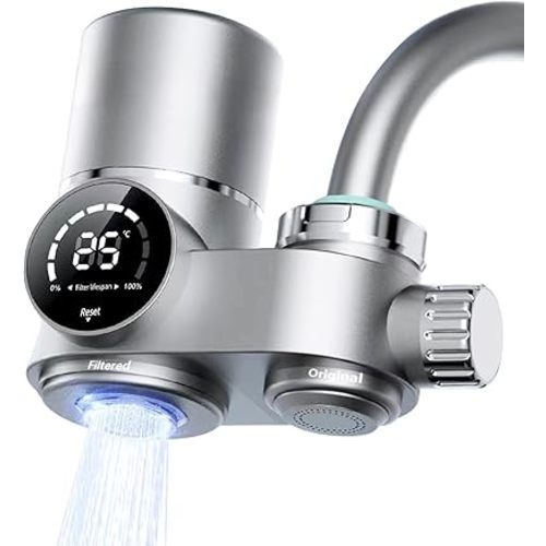 Water Filter for Sink Faucet, Upgraded Faucet Mount Water Filtration System with UV Light and Real-Time Filter Life Indicator, Reduces Lead Chlorine, Heavy Metals (Incl. 1 Filter, 13 adaptors)