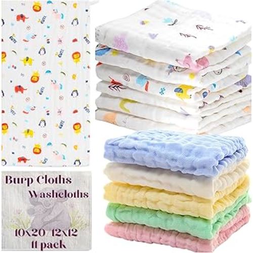 Baby Muslin Burp Cloths Washcloths 11 Pack Rags Face Towels Large Newborn Essentials Baby Registry Search 100% Cotton 6 Layered Muslin 10"x20" and 12"x12" for Boys & Girls Gift Set