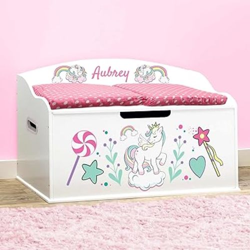 DIBSIES Personalized Creative Wonders Toy Box (Unicorns & Rainbows, White)
