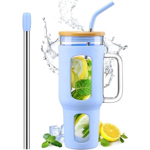 WINSA Glass Tumbler with Lid and Straw, 46 oz Iced Coffee Cup with Handle, Large Water Bottles with Silicone Sleeve, Glass Cup with Straws - Pearl Straw & Drinking Straw BPA Free-Glacier
