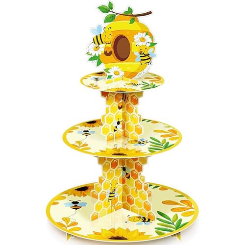 Tiamon 3 Tier Bee Paper Cupcake Stand Holder Sunflower Party Dessert Round Tower Yellow Sturdy Cupcake Pastry Stand for Kids Birthday Baby Shower Decorations Bee Theme Party Supplies
