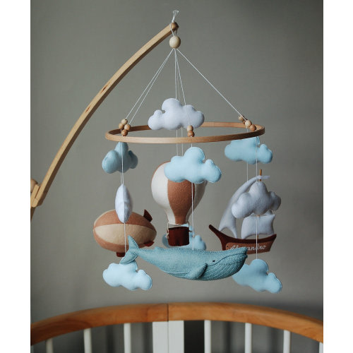 Whale baby mobile air balloon, aerostat and ship mobile nursery Felt baby mobile boy nursery hanging crib mobile newborn baby shower gift