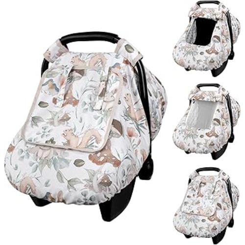 Car Seat Cover Baby Girl Boy, Warm Winter Carseat Cover for Baby, Kick-Proof Infant Car Seat Cover with Peep Window, Windproof & Cozy, Gray Animals