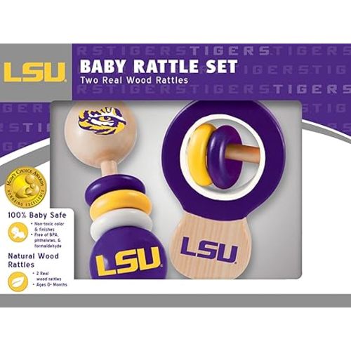 MasterPieces NCAA Natural Wood Baby Rattle, 2 Pack, Non-Toxic, BPA, Phthalates, & Formaldehyde Free - LSU Tigers