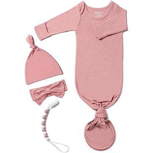 Newborn Baby Knotted Gown, Super Soft Silky Infant Long Sleeve Sleeper with Mittens and Hat & Bowknot Set (Extra Long)