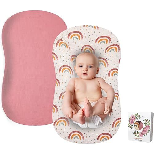 Baby Lounger Cover 2 Pack, Muslin Baby Lounger Organic Cotton Cover, Newborn Lounger Cover Soft & Breathable Removable Infant Lounger Slipcover for Boys Girls, Covers Only
