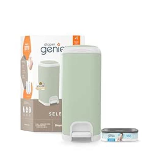 Diaper Genie Select Pail (Green) is made of durable stainless steel and includes 1 starter square refill That can hold up to 165 newborn-sized diapers.