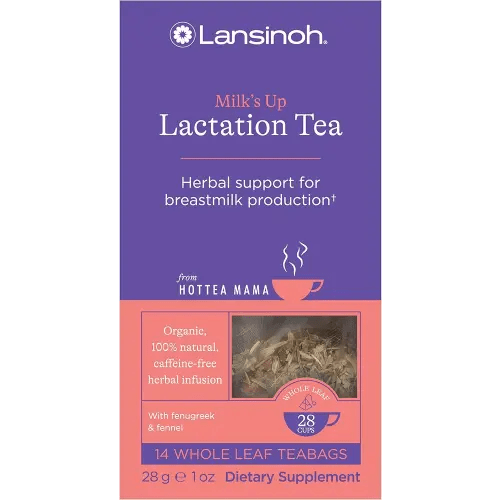 Lansinoh + HotTea Mama Milk's Up, Breastfeeding and Lactation Support Tea, Fenugreek, Fennel, Anise Seed, Caffeine-free, Sugar-Free, Postpartum Essentials for New Moms, Includes 14 Tea Sachets
