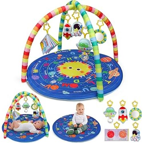 OKOOKO Baby Play Mat, Activity Baby Play Gym with Arch, Solor System Playmats & Floor Gyms, Alphabet Mat, Detachable Mirror, Thick Non Toxic Playmats for 0+