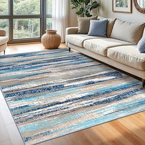 Modern Abstract 6x9 Living Room Washable Rug Non-Slip Soft Bedroom Area Rug Blue Thin Print Faux Wool Floor Carpet Throw Rugs for Nursery Playroom Dining Room Indoor Office Home Decor