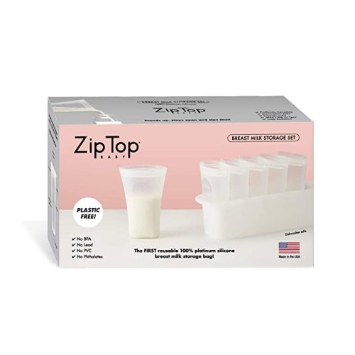 Zip Top Reusable 100% Platinum Silicone Breast Milk Storage, Made in The USA - Bag Set of 6 + Freezer Tray - Milk Bags + Tray Set