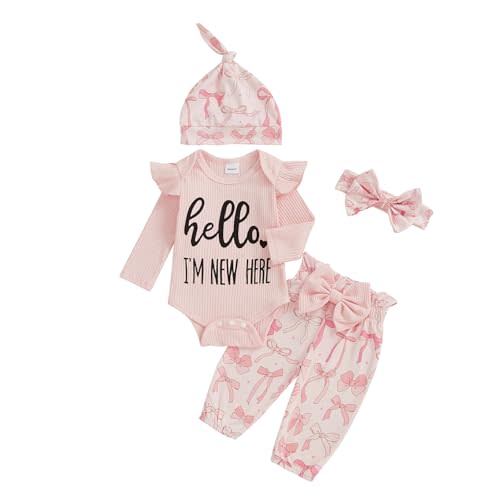 Madjtlqy Newborn Baby Girl Fall Winter Clothes Long Sleeve Ribbed Romper Top Bow Pants Headband Hat Set Coming Home Outfits