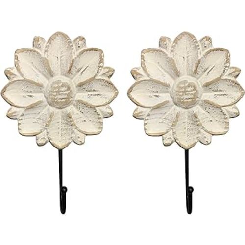 dwellington Decorative Wall Mounted Flower Hooks, White Distressed Wood Hanging Hooks, Farmhouse Boho Coat Rack Hooks for Hanging Things, Towels, Purse