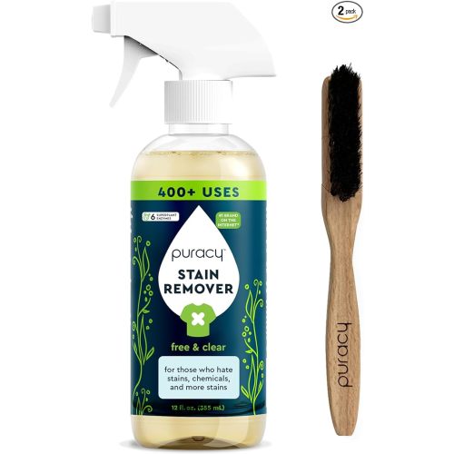 Puracy Stain Remover - Cleaning Spray, Clothes Stain Remover for Clothes, Laundry Stain Remover Spray for Clothes, Travel Stain Remover, Oil Stain Remover - Free&Clear, 12oz and Stain Remover Brush - Stain Remover 12oz + Brush