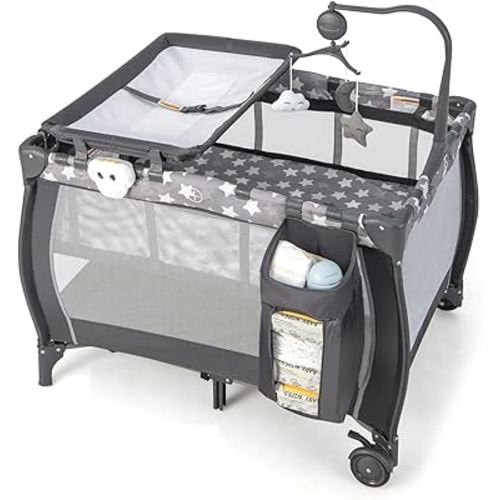 Costzon 3 in 1 Pack and Play with Bassinet, Portable Baby Playard with Changing Table, Bassinet, Music Box, Whirling Toys, Wheels/Brake, Large Basket, Bag, Foldable Travel Crib for Indoor Outdoor