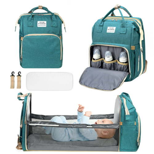 Travel Diaper Bag, 3-IN-1 Function Backpack, Crib Diaper Bag, Baby Changing Bag, Portable Foldable Baby Bag, Waterproof, Large Capacity, Green
