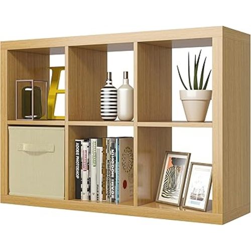 Bookshelf with Storage Bin, 6-Cube Storage Organizer, Modern Wood Open Bookcase, Multifunctional Display Shelf for Living Room, Bedroom, Home Office, Oak