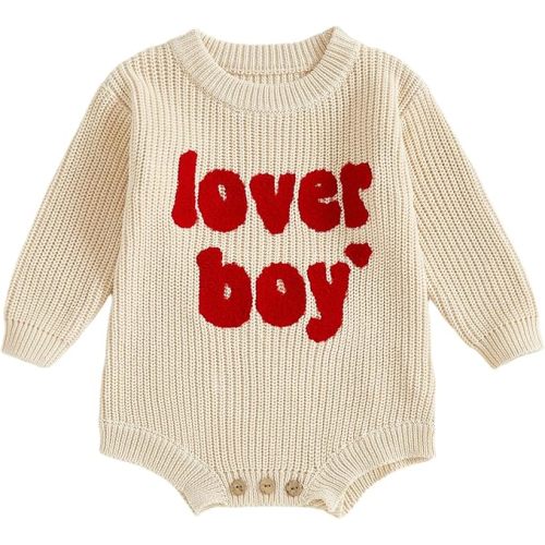 Lesimsam Newborn Baby Boy Valentines Day Outfit Lover Boy Embroidery Knit Sweater Romper Long Sleeve Bubble Bodysuit