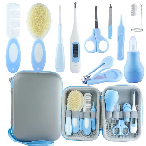 Baby Grooming Kit, Baby Essentials for Newborns, Portable Baby Care Kit, Contains Baby Nail Clippers, Baby Comb, Baby Brush, Baby Ear Wax Removal Tool and More (10 in 1) (Blue)