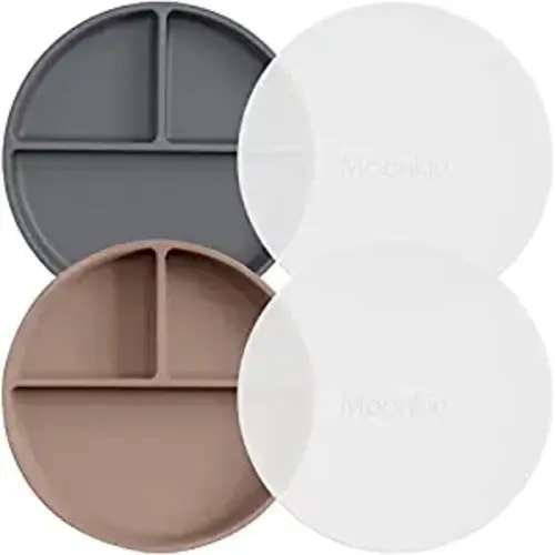 Moonkie Suction Plates for Babies & Toddlers | BPA-Free Silicone Divided Plates with Lid | Microwave and Dishwasher Safe - 2 Pack (Warm Taupe/Dark Grey)