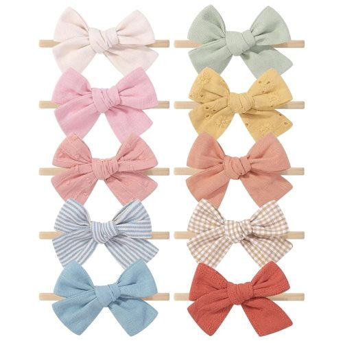 doboi 10PCS Baby Girls Headbands Hair Bows Nylon Cotton Linen Hairbands Handmade Hair Accessories for Newborn Infant Toddlers Little Girl and Kids 3.5Inches - Spring Color