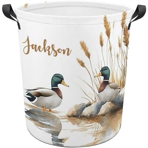 Custom Name Laundry Basket for Nursery, Personalized Mallard Duck Laundry Hamper for Nursery Decor, Customize Baby Clothes Circular Hamper for Baby Boys Girls