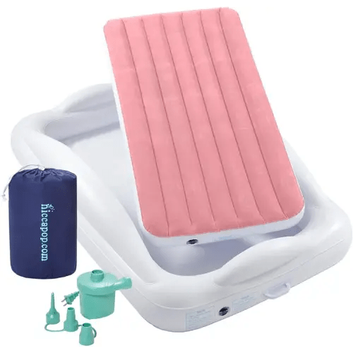 hiccapop Inflatable Toddler Travel Bed with Safety Bumpers [4-Sided], Portable Toddler Bed for Kids, Toddler Air Mattress, Kids Air Mattress - Pink