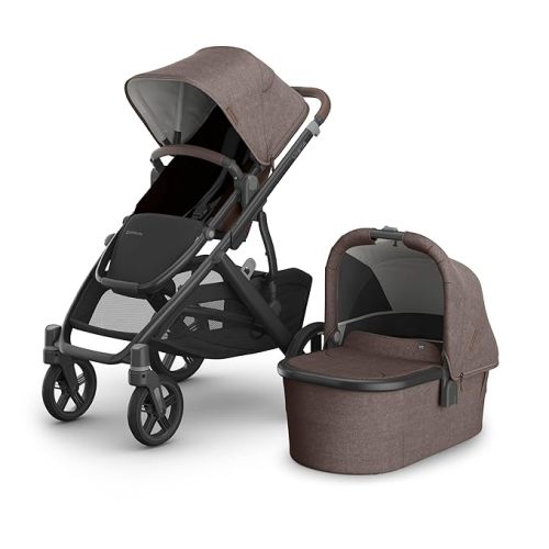UPPAbaby Vista V3 Stroller + Bassinet V3 - Convertible Single-to-Double Stroller System- Bassinet, Toddler Seat, Bug Shield, Rain Shield Included - Owen - Mocha Mélange|Carbon Frame | Chestnut Leather