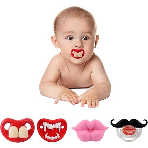 4-Pack Funny Baby Pacifier, Cute Kiss Lips Mustache Binkies, Fake Big Teeth Binky Bucktooth Halloween Pacifiers for Babies 0-36 Months, Silicone Nipple Baby Binkies, BPA-Free, Gift for Infants