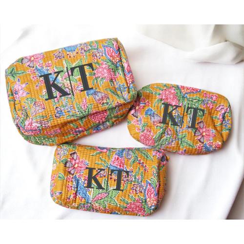 Personalized Block Pattern Floral Makeup Bag Custom Gift Bridesmaid Gifts Embroidered Quilted Toiletry Pouch Travel Cosmetic Case Gift