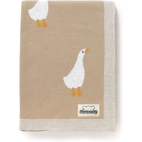 mimixiong Baby Blanket Knit Receiving Boys Girls Blanket Soft Cotton Neutral Blanke for Swaddle Crib Stroller with Cute Goose Beige 30x40 Inch