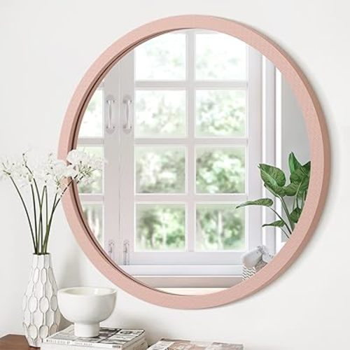 JJUUYOU Round Mirrors for Wall Mounted Circle Mirror with Wood Frame Circulart Mirror for Living Room Bedroom and Hallway Wall Decoration Bathroom Mirrors,Pink