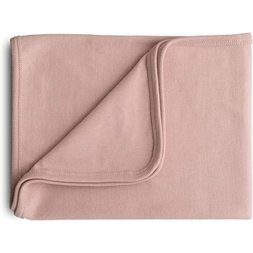 mushie Extra Soft Baby Blanket | Cotton and Elastane Ribbed Receiving Blanket, Swaddle, Stroller | 35x35 Inch (Blush)